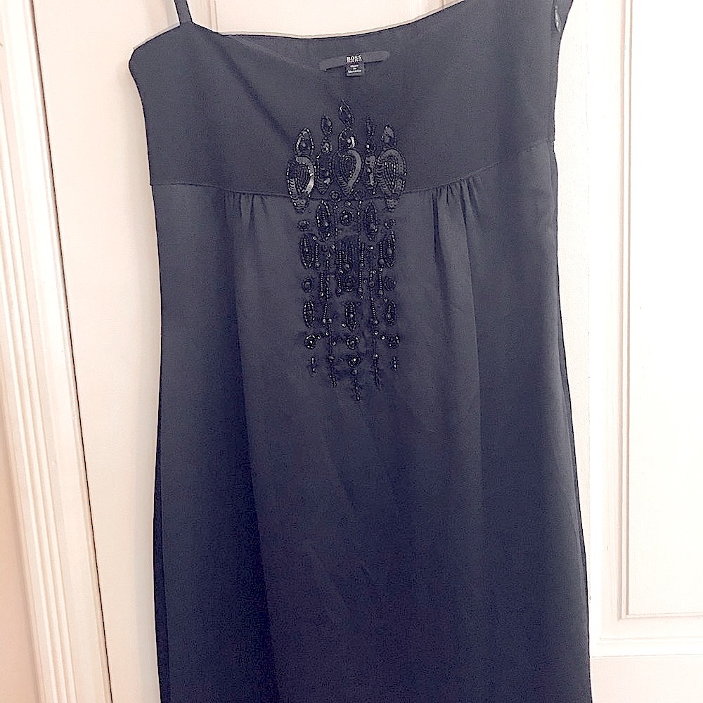 Hugo boss black shift dress wsequin appliqué front